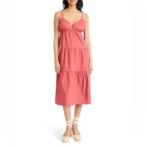The Good Journey V-Neck Tiered Cotton Midi Dress Pink Size Medium